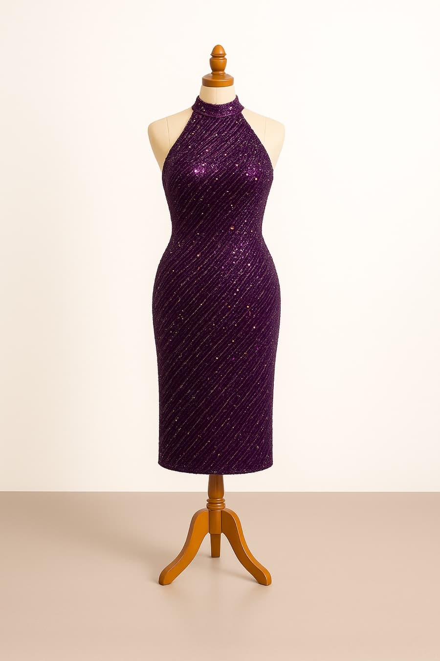 A purple sequinned halter dress generated by the Build-a-Dress agent